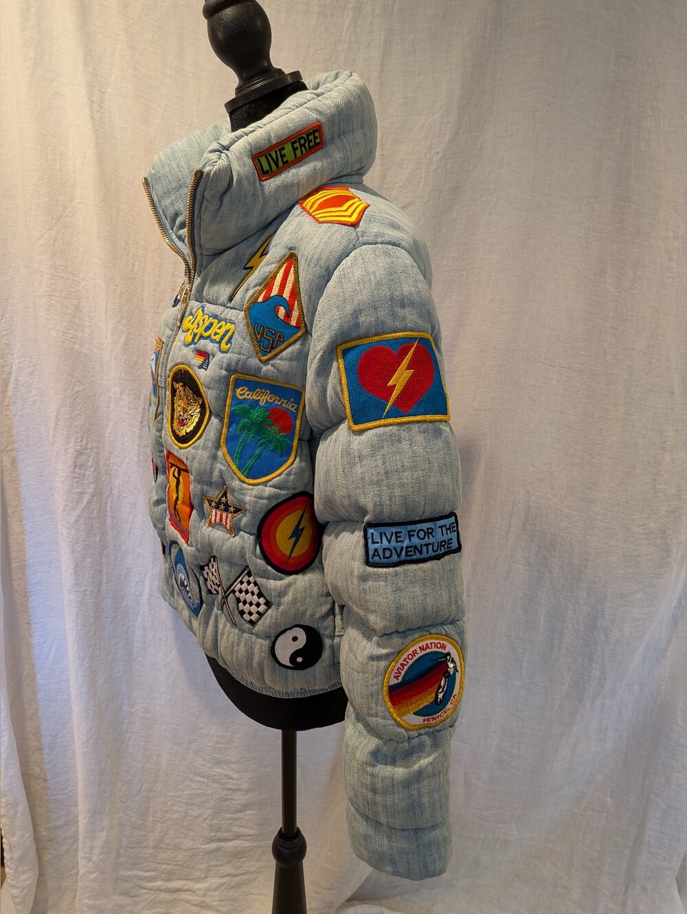 Aviator Nation Vintage Patch Denim Apres Puffer Size S - Picture 3 of 15